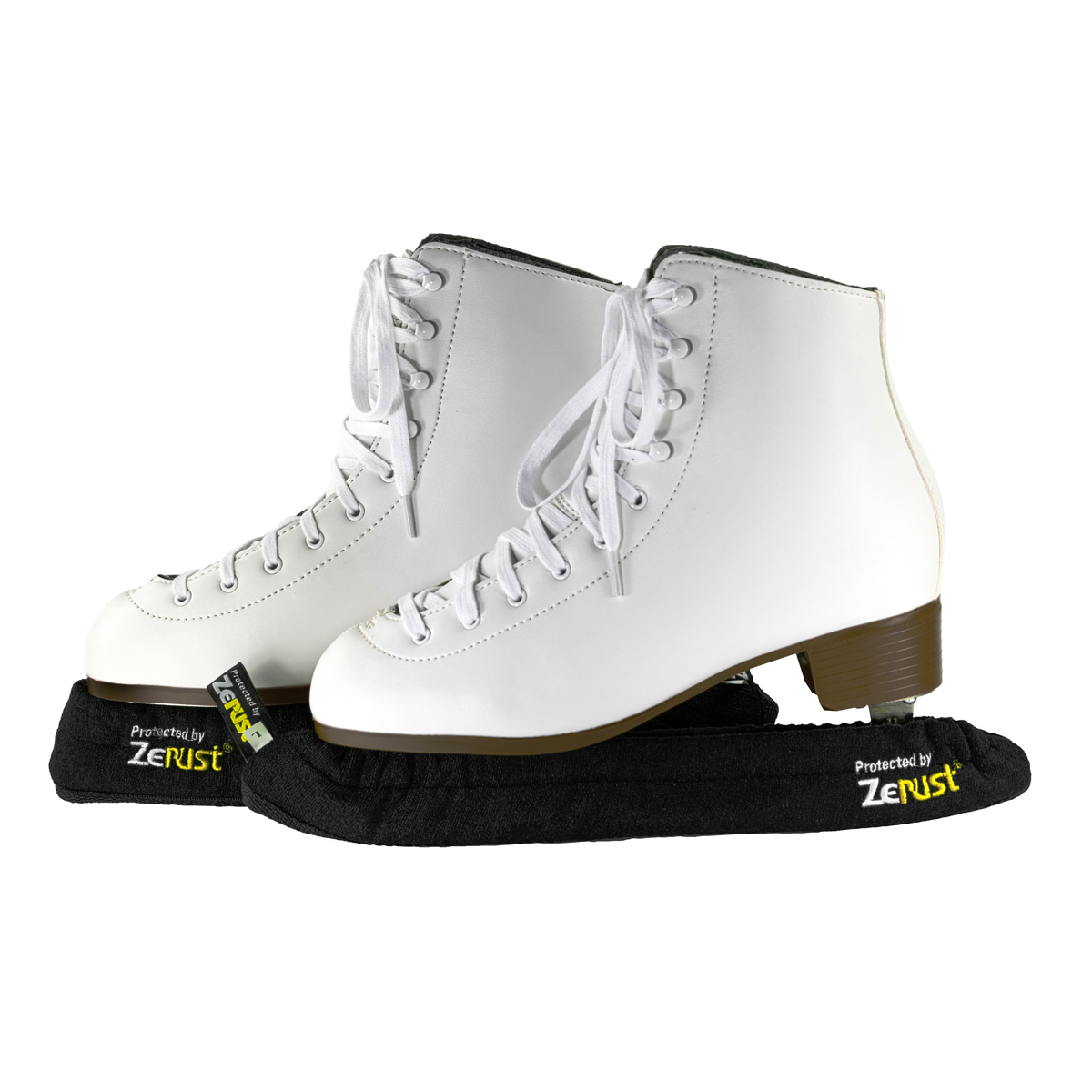 A pair of skates using ice skate blade covers.